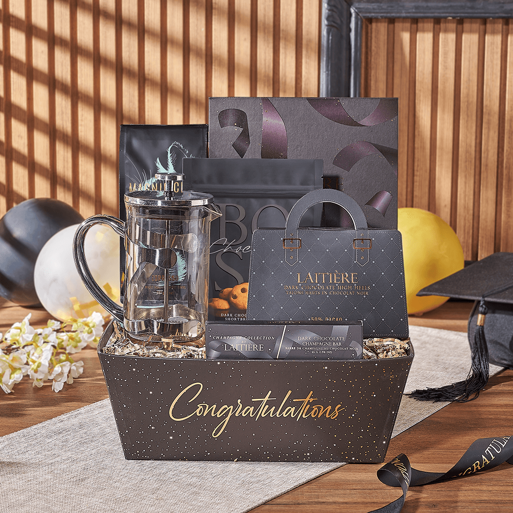 Gourmet Graduation Gift Tray with Coffee and Champagne-Inspired Chocolates – how the gift is presented