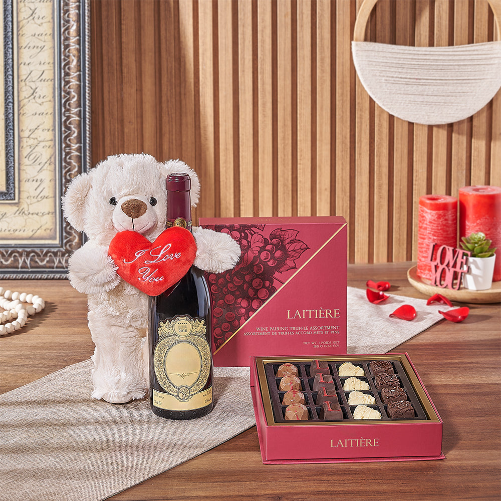 Laitière Chocolate Truffles and Wine Basket for Valentine's Day with Teddy Bear – how the gift is presented