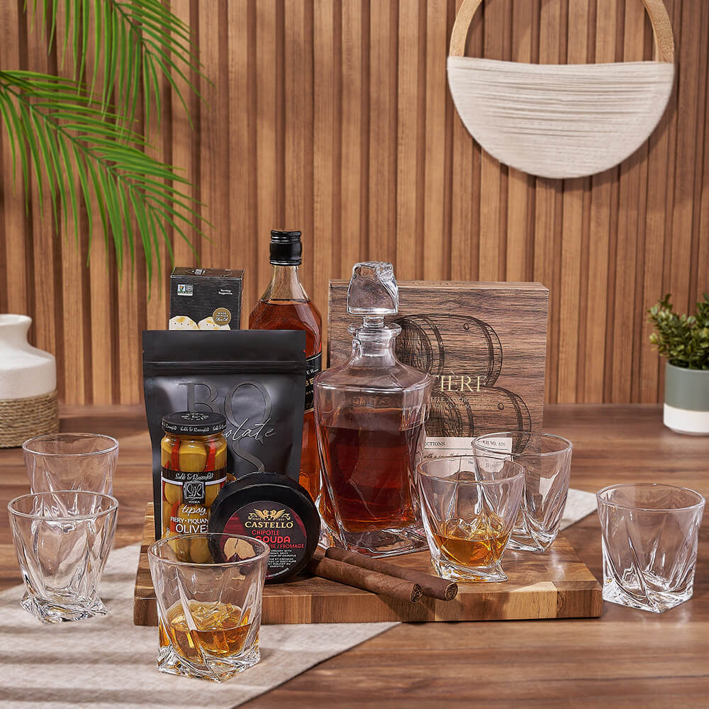 Premium Spirits Gift Basket Featuring Gourmet Treats and Cigar Pairing – how the gift is presented