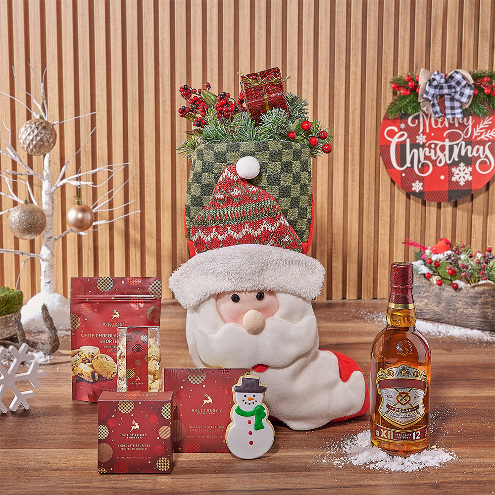 Festive Santa Stocking Whiskey and Gourmet Chocolate Gift Set – how the gift is presented