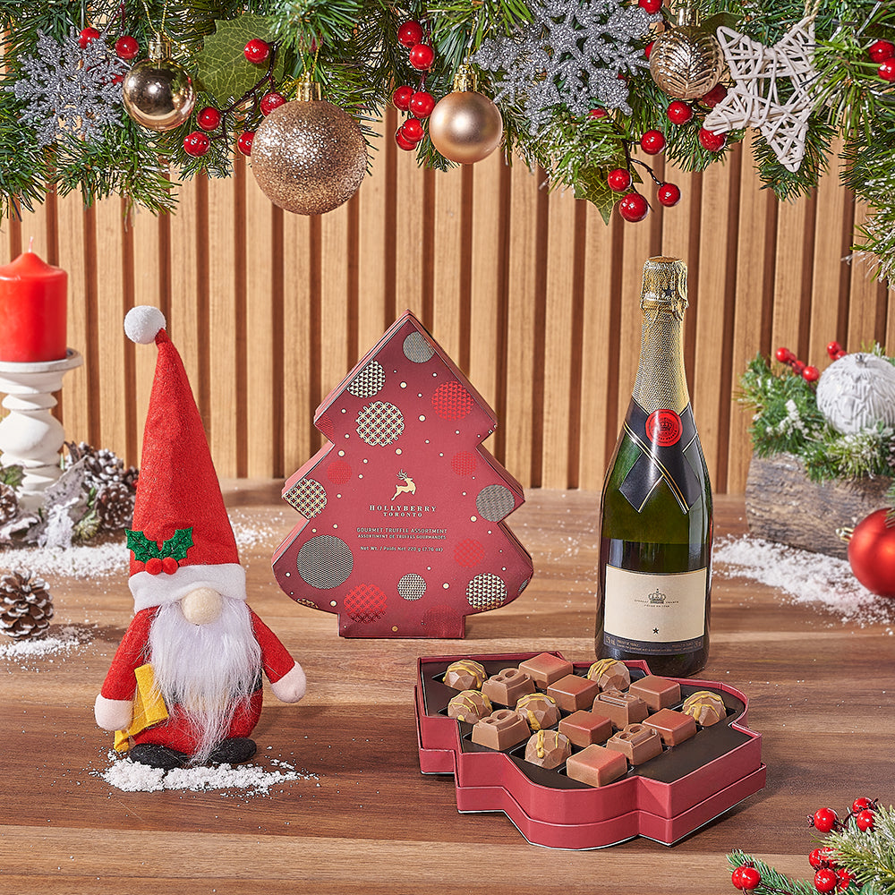 Sparkling Wine Gift Featuring Plush Santa and Chocolate Truffles – how the gift is presented