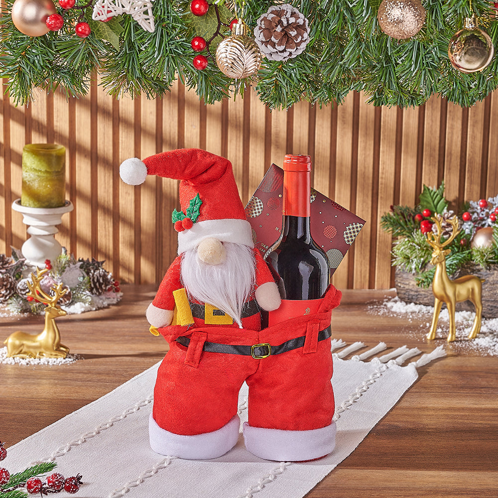 Holiday Gift Set with Wine and Hollyberry Dark Chocolate in Santa Pants Bag – how the gift is presented