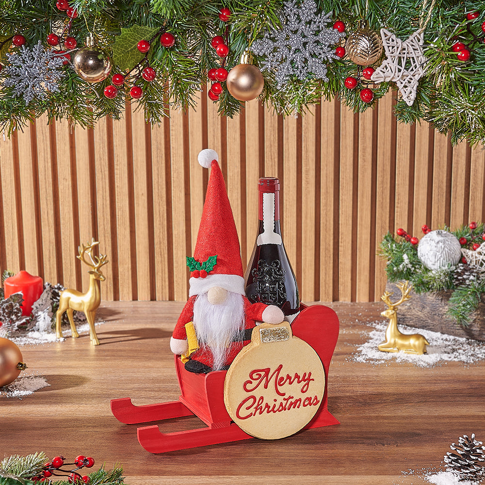 Holiday Wine Gift Basket with Handmade Ornament Cookie and Santa Plush – how the gift is presented