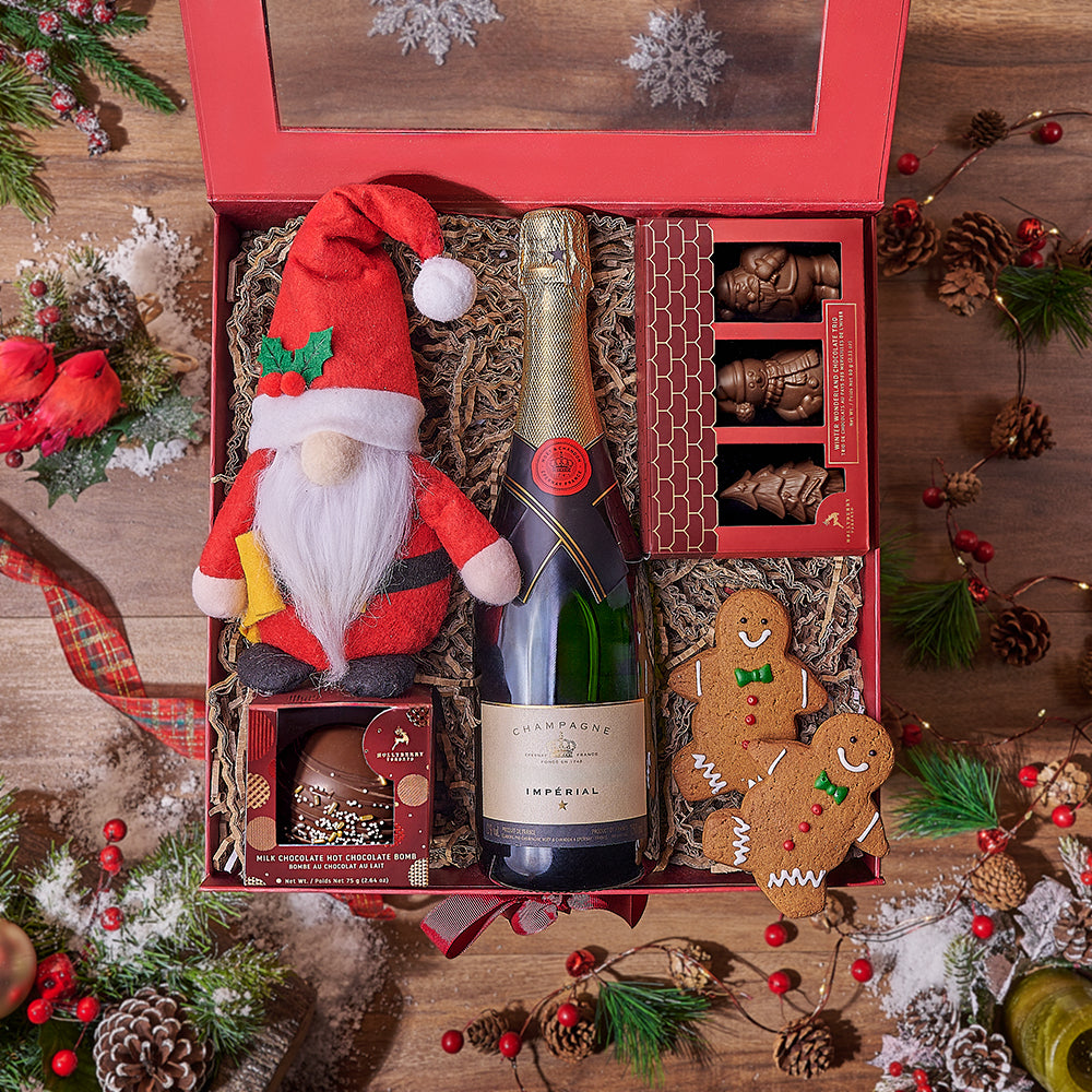 Festive Sparkling Wine Gift Basket in Red Folding Box with Plush Santa – how the gift is presented
