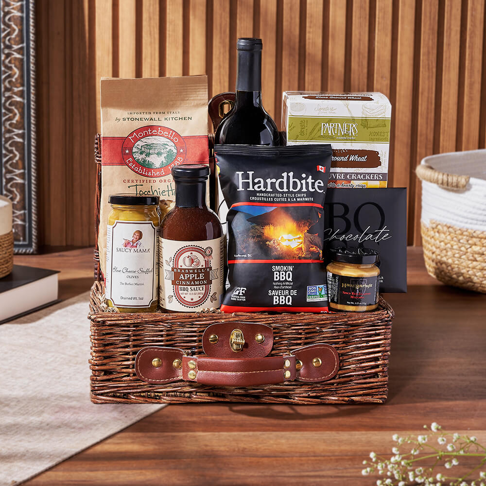 Gourmet Wine Gift Basket with Artisan Snacks in Wicker Picnic Basket – how the gift is presented