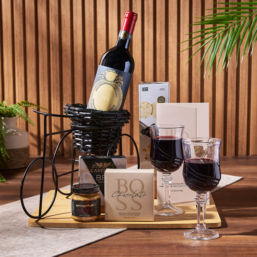 Gourmet Wine Basket Featuring Creamy Brie, Crackers, and Mustard – how the gift is presented
