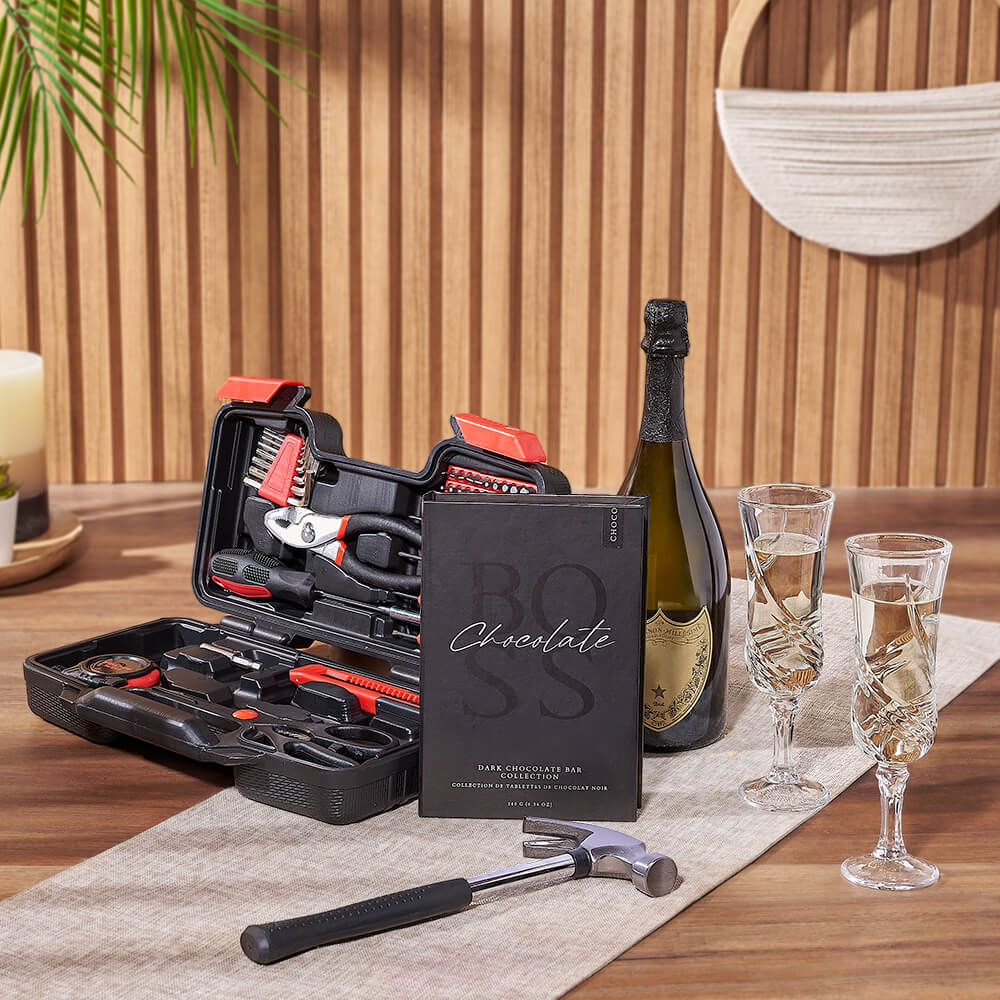Sparkling Wine & BOSS Dark Chocolate Gift Basket with Tool Set – how the gift is presented