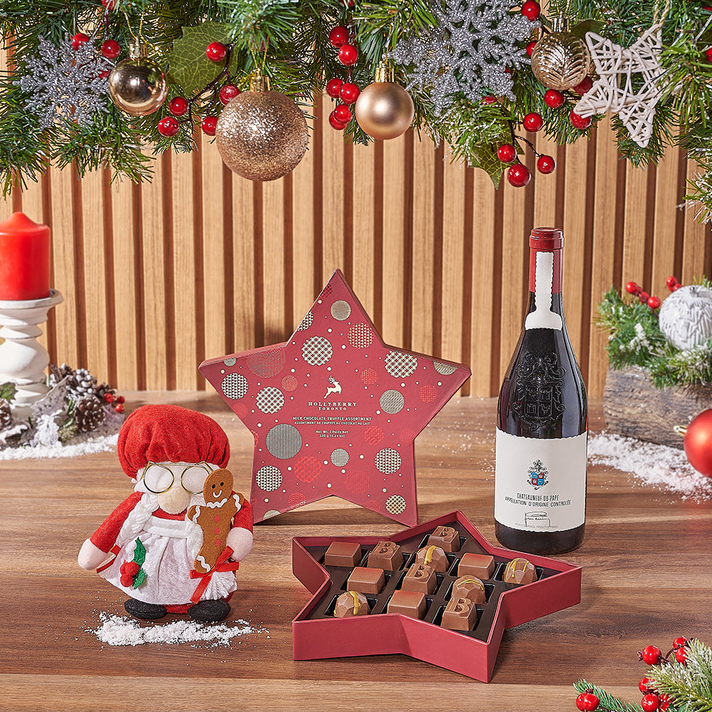 Star Box Wine Basket with Assorted Chocolates and Holiday Plush Doll – how the gift is presented