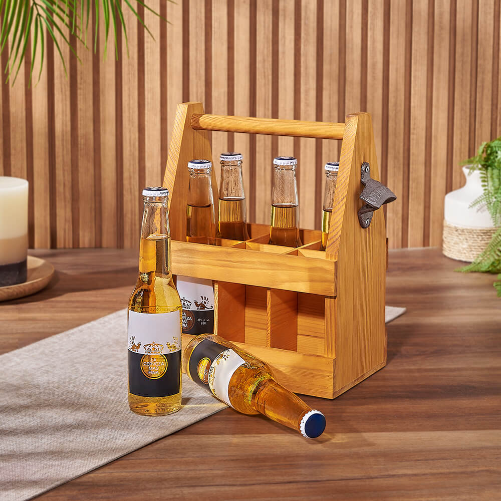 Classic Beer Gift Basket with 6 Slot Wood Carrier and Bottle Opener – how the gift is presented