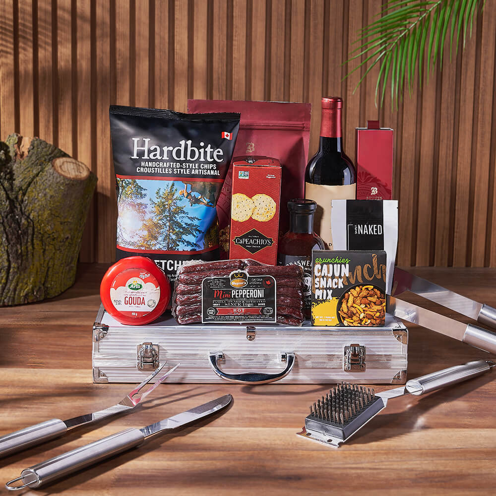 Complete BBQ Grill Utensil Set with Wine and Gourmet Treats – how the gift is presented
