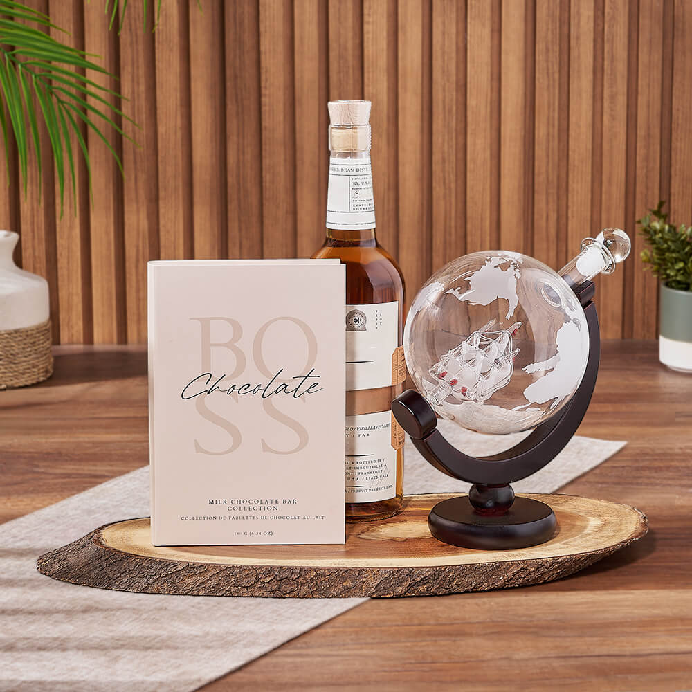Whiskey Celebration Gift Set with Globe Decanter and Boss Milk Chocolate Bars – how the gift is presented