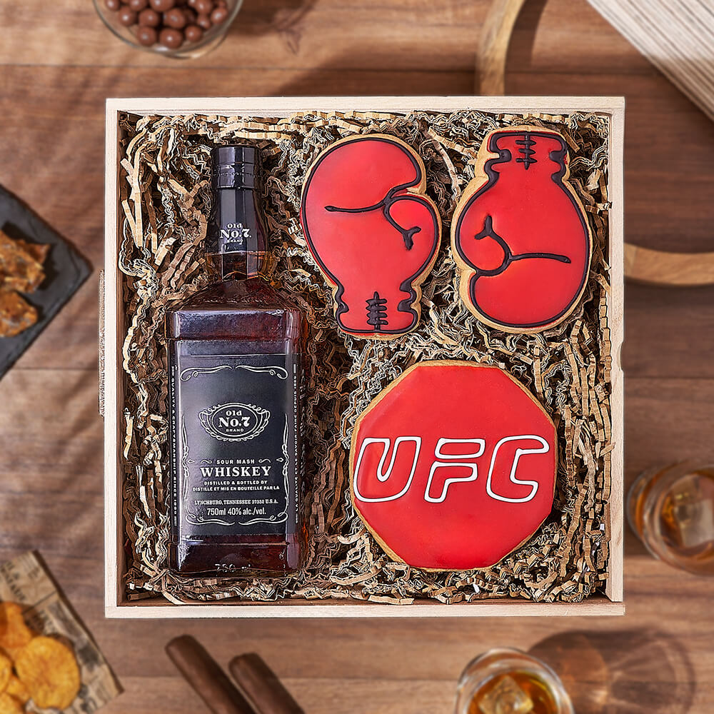 Premium Whiskey Gift Basket with Boxing Themed Sugar Cookies in Wooden Box – how the gift is presented