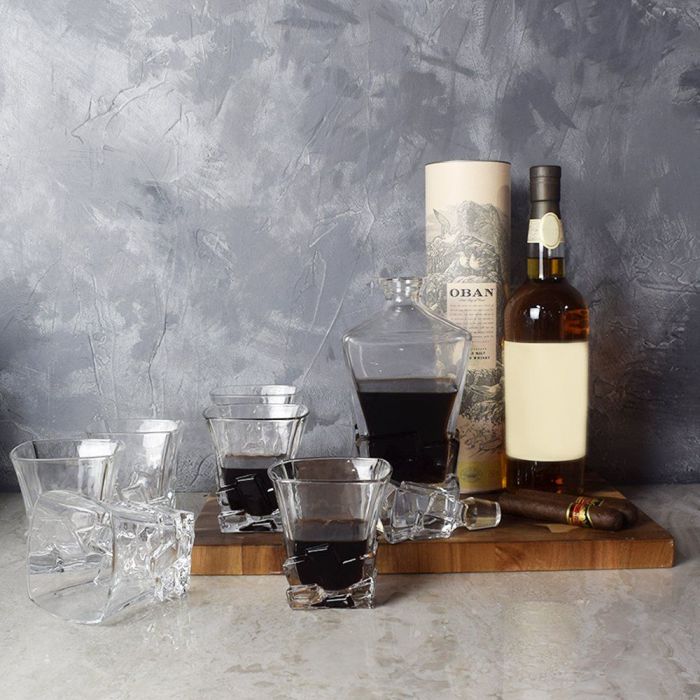 7-Piece Decanter and Whiskey Basket with Cigars and Mahogany Cutting Board – how the gift is presented