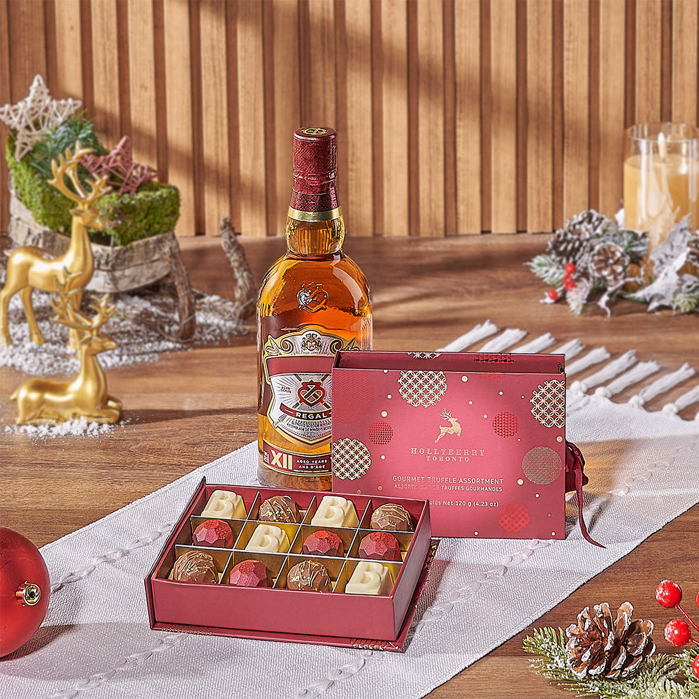 Bright Gift Box Featuring Spirits and 12 Assorted Chocolate Truffles – how the gift is presented