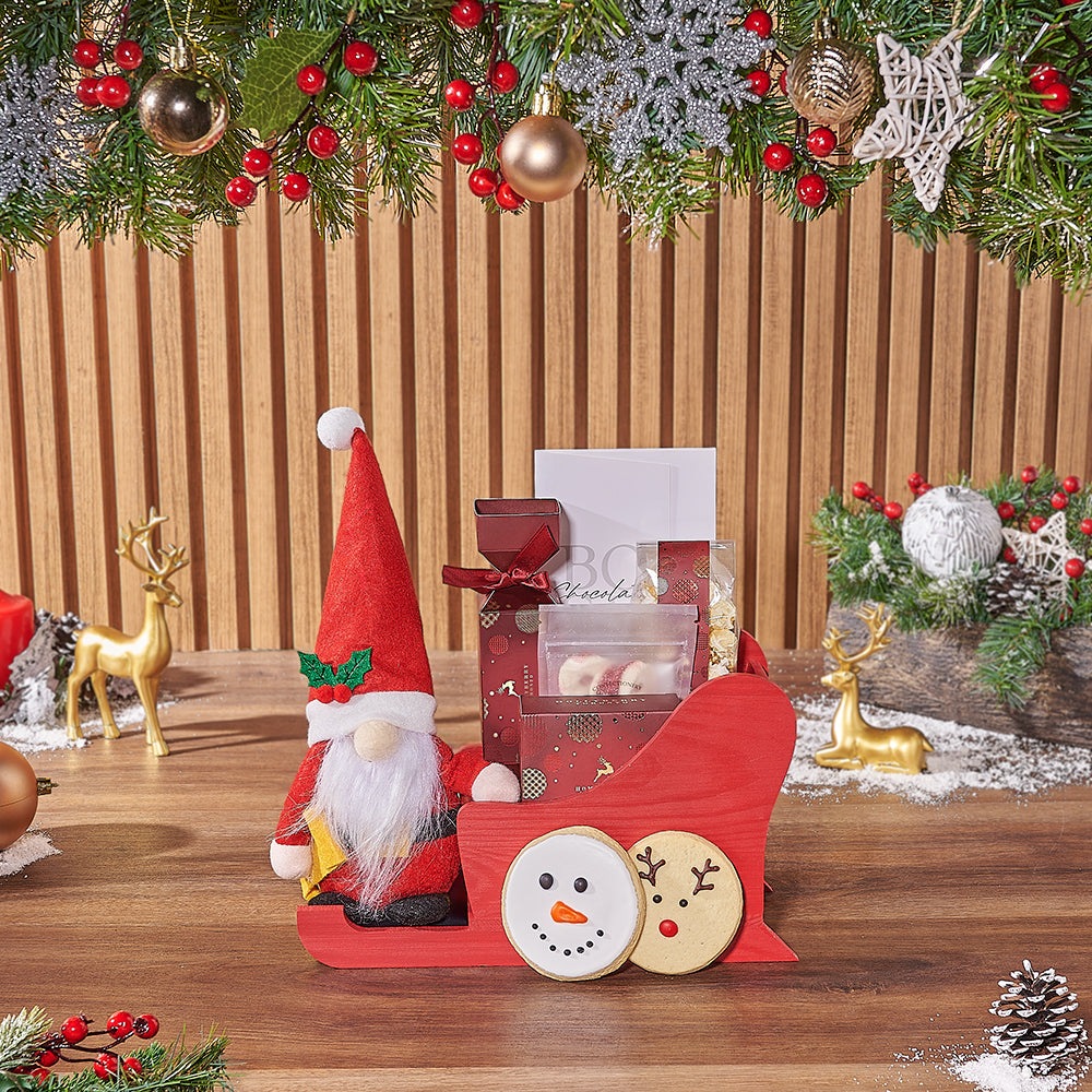 Holiday Sleigh Pine Wood Gift Basket with Premium Chocolates – how the gift is presented