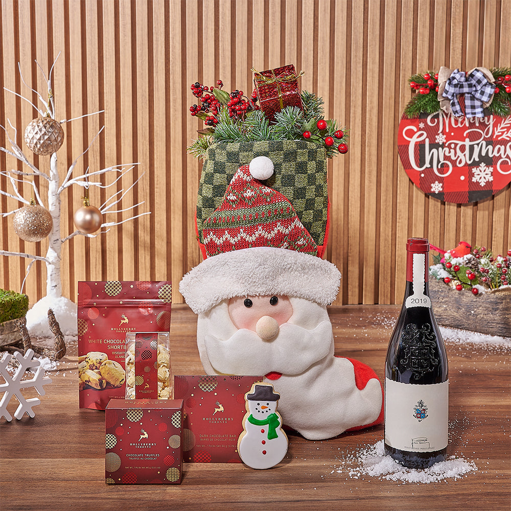Festive Wine Gift Basket in Santa-themed Stocking with Gourmet Treats – how the gift is presented
