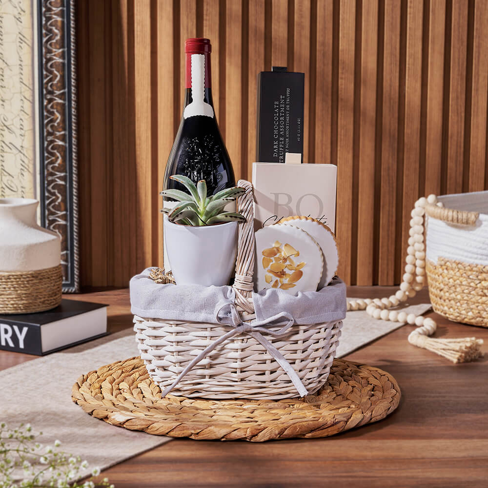 With the Sweet Succulent & Wine Gift Basket, delight someone in a delicious selection of sweet treats to indulge in, Boston delivery
