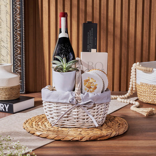 With the Sweet Succulent & Wine Gift Basket, delight someone in a delicious selection of sweet treats to indulge in, Boston delivery