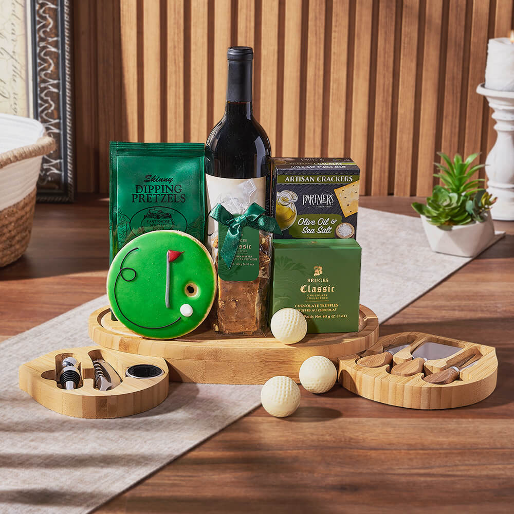 Premium Wine Basket Featuring Golf Cheese Board and Treats – how the gift is presented