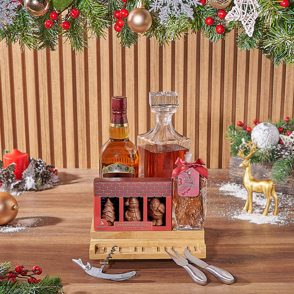 Whiskey Gift Basket with Harrington Decanter and Gourmet Chocolates – how the gift is presented