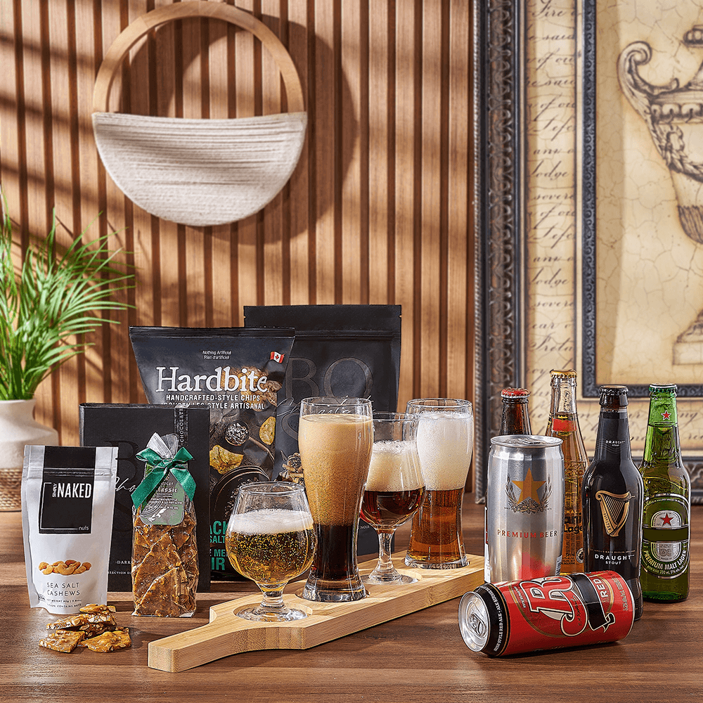 Gourmet Beer Gift Basket with Assorted Snacks and Flight Board – how the gift is presented