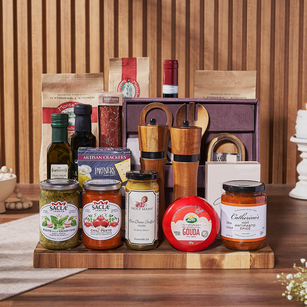 Deluxe Wine Gift Basket Featuring Artisanal Cheese and Olive Oil – how the gift is presented
