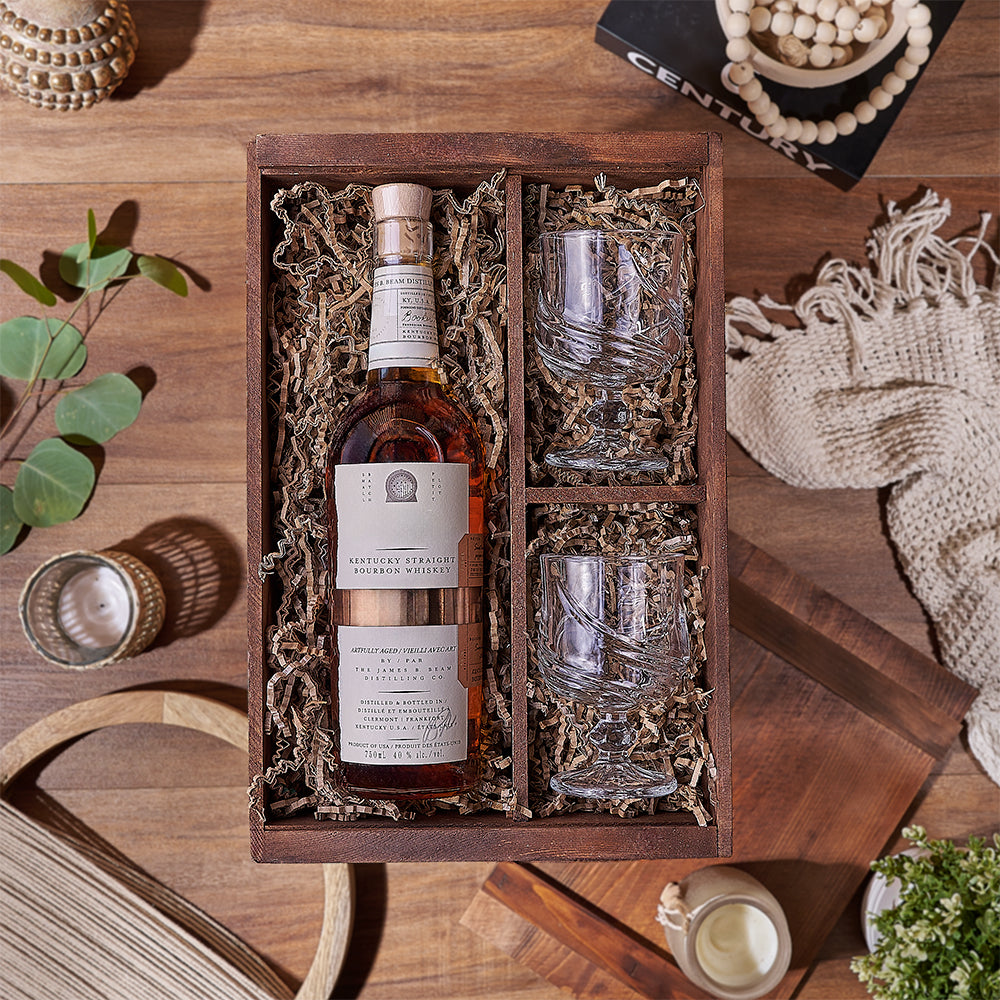 Whiskey and Snifter Glasses Gift Basket in Elegant Wooden Presentation Box – how the gift is presented