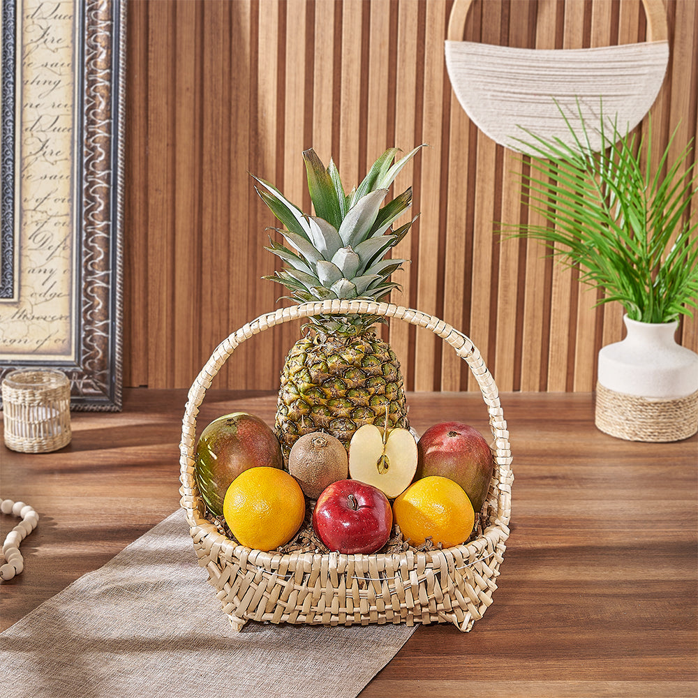 Handcrafted Fruit Gift Basket in Wide Pale Woven Container – how the gift is presented