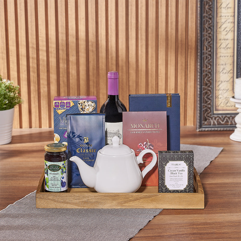 Kosher Wine and Gourmet Chocolate Gift Basket for Rosh Hashanah – how the gift is presented