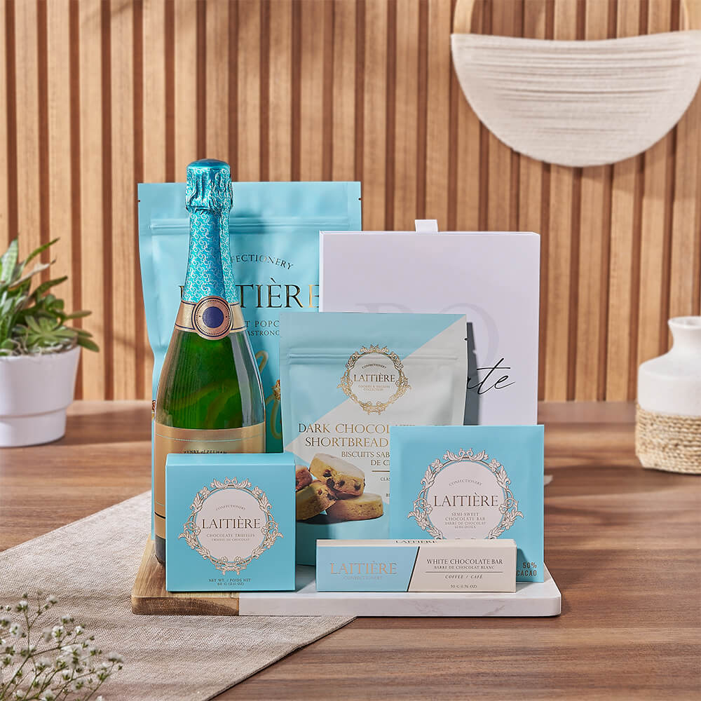 Deluxe Sparkling Wine Gift Basket Featuring Artisan Chocolates – how the gift is presented