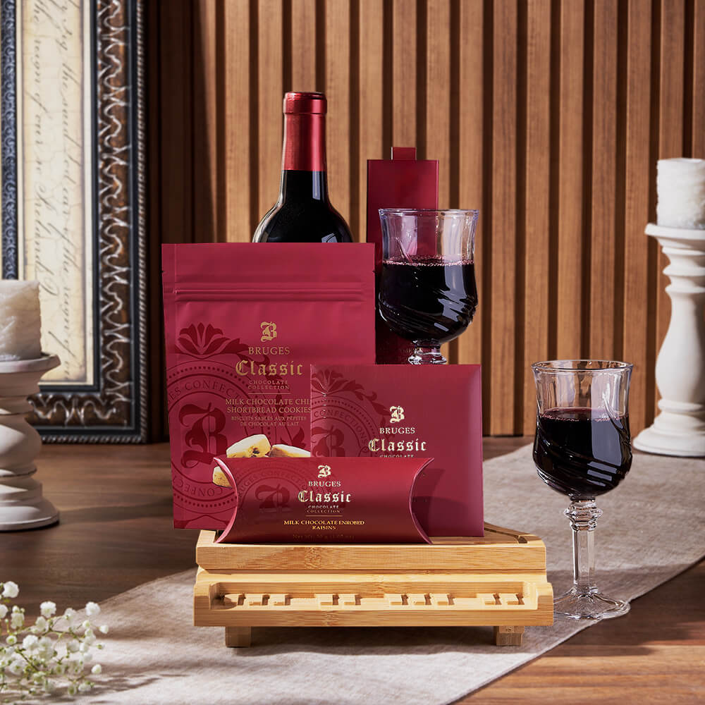 Wine Gift Basket with Bruges Gourmet Chocolates and Grand Piano Cheese Board – how the gift is presented