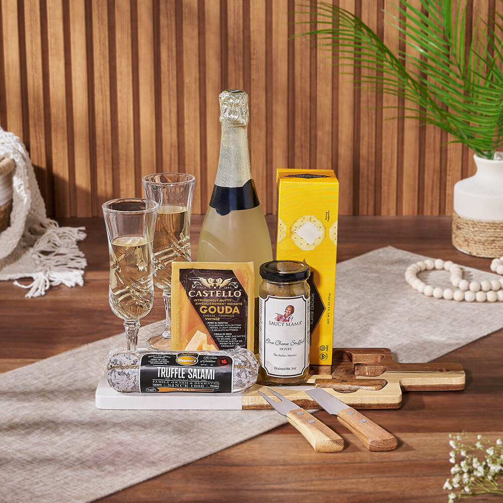 Premium Basket Gift Featuring Sparkling Wine, Truffle Salami, and Gourmet Cheese – how the gift is presented
