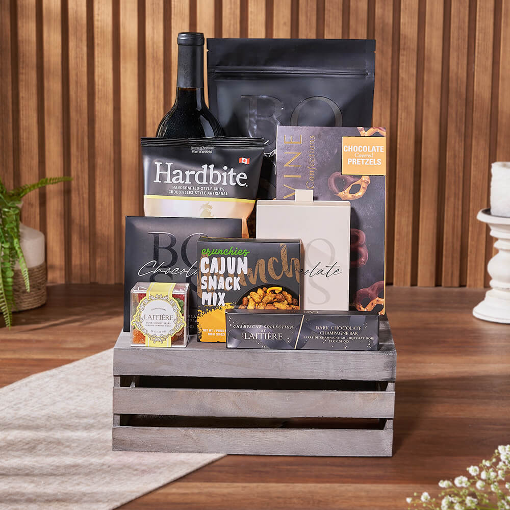 Medium Grey Wooden Crate Wine Gift with Chocolate & Snack Selection – how the gift is presented