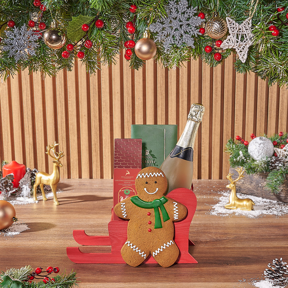 Festive Sparkling Wine Gift with Red Wooden Sled Basket and Gingerbread Cookies – how the gift is presented
