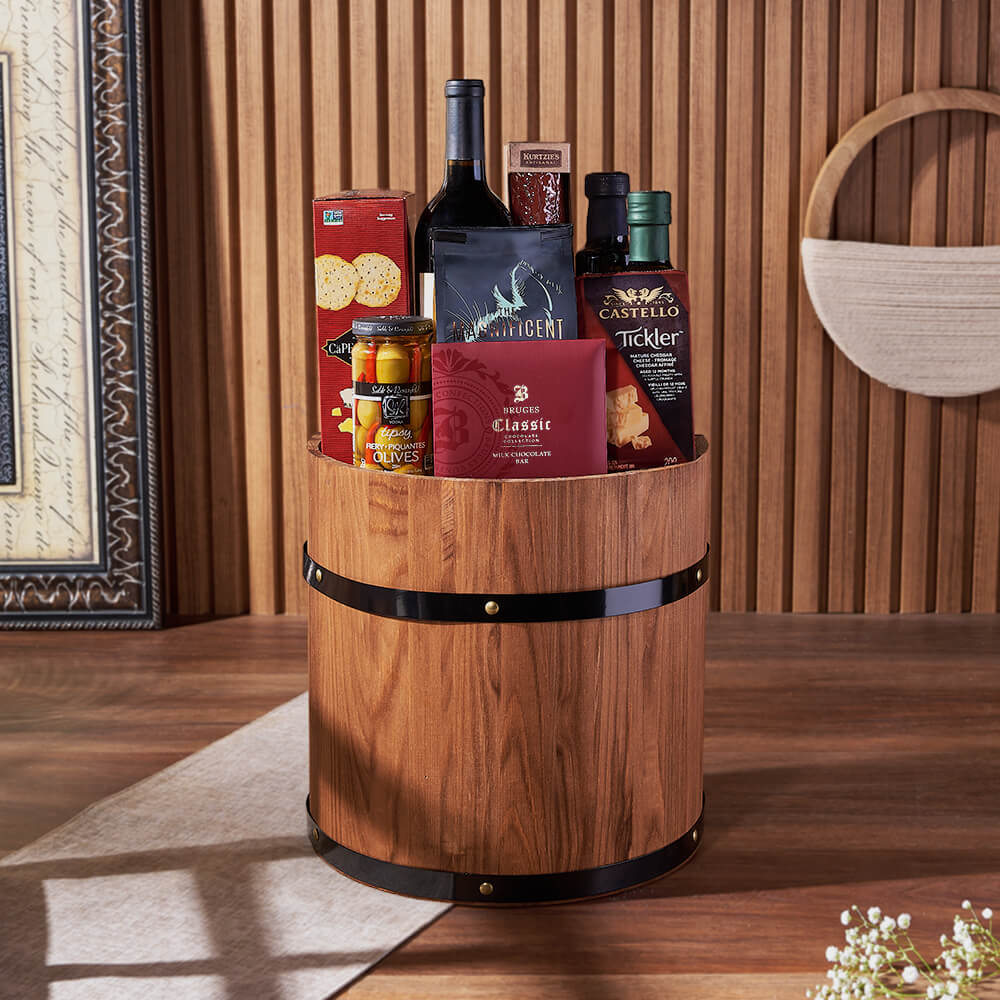 Wine and Chocolate Gift Barrel – how the gift is presented