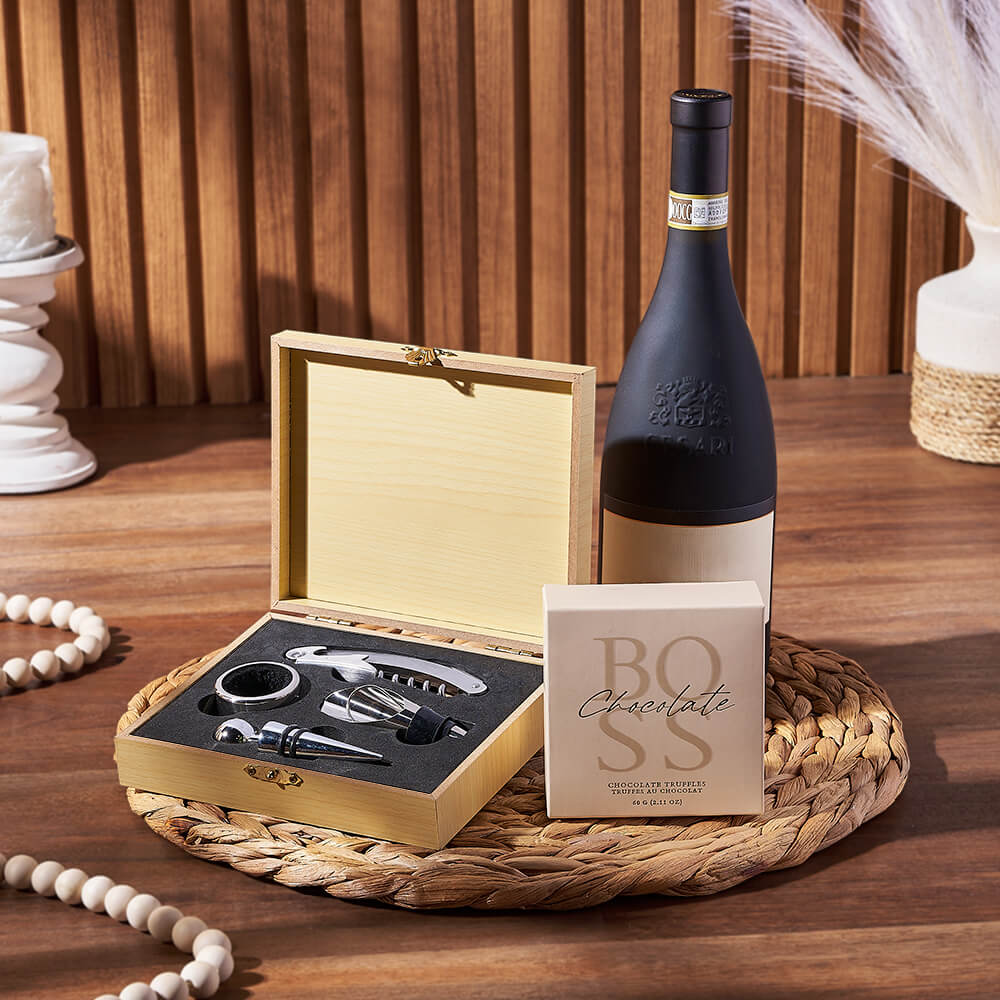 Boss Chocolate Truffles with Wine in Wooden Case Gift Basket – how the gift is presented