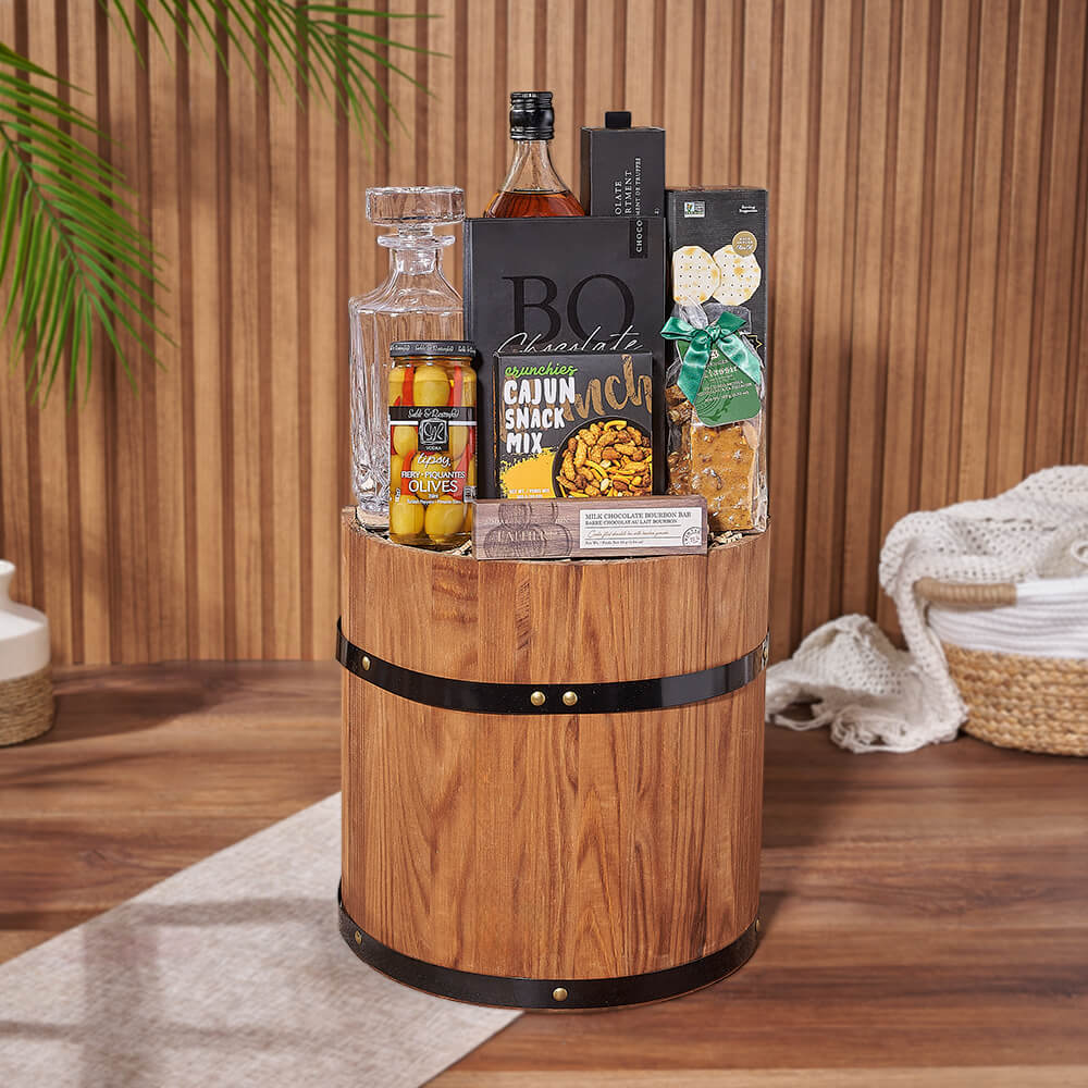 Whiskey and Artisan Chocolates Gift Basket in Elegant Wooden Barrel – how the gift is presented