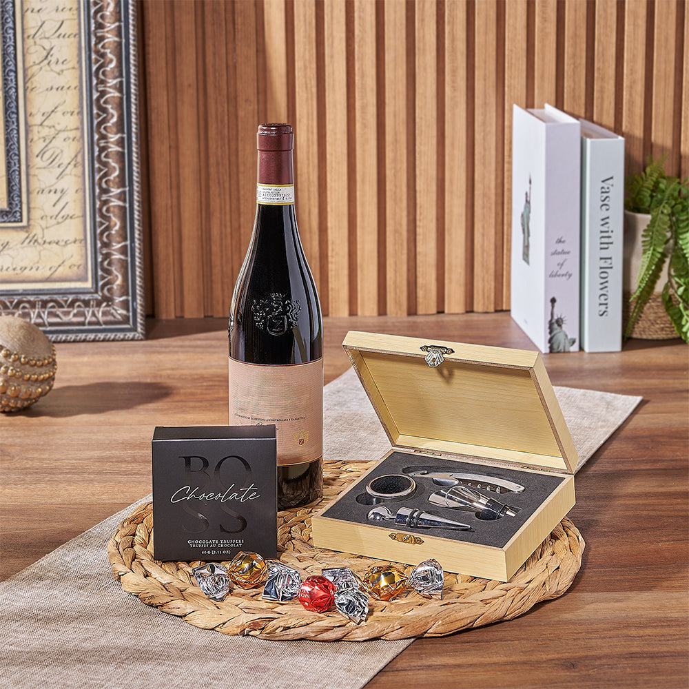 Wine Gift Set with Boss Chocolates and Full Wine Serving Kit in Wooden Case – how the gift is presented