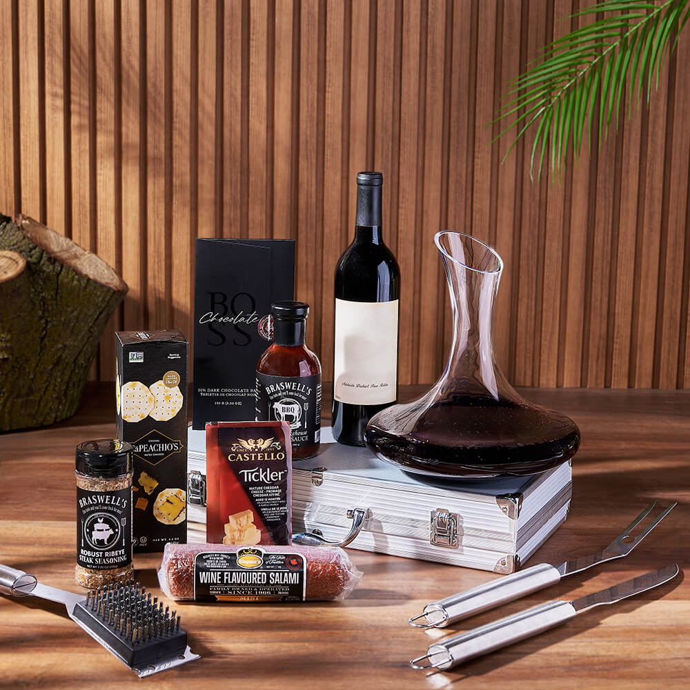 BBQ Season Wine Gift Basket with Ole Smokehouse Sauce and Cheese – how the gift is presented