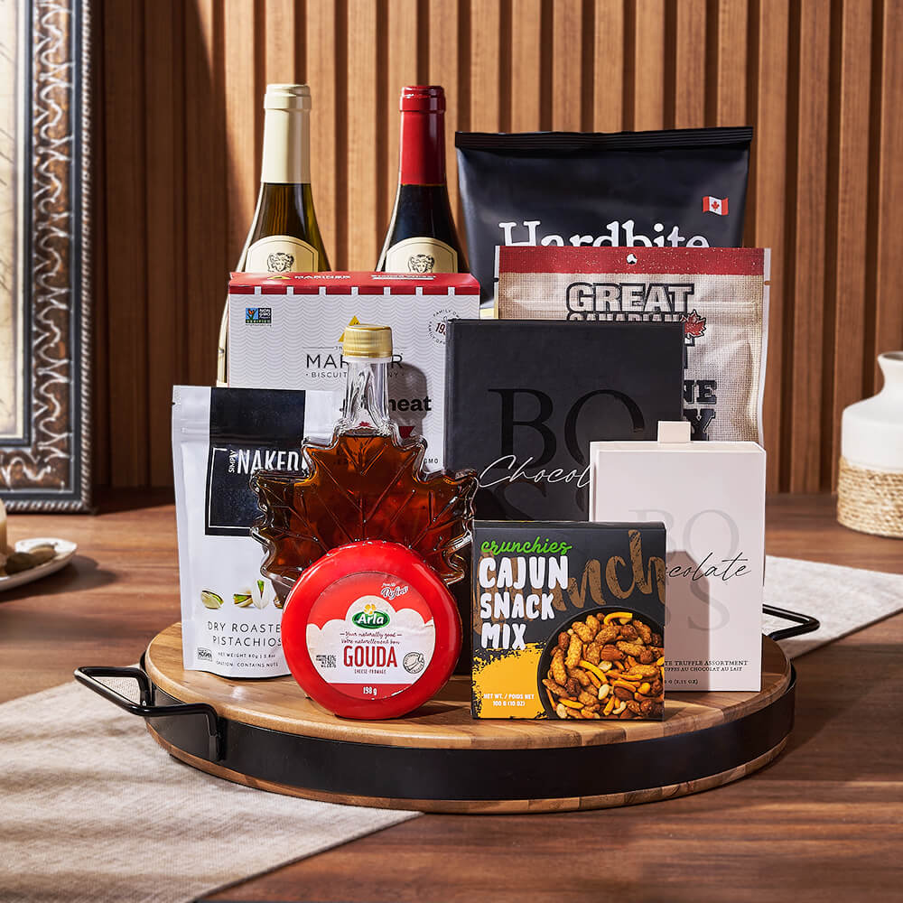 Premium Two-Bottle Wine Basket Featuring Beef Jerky, Cheese & Chocolates – how the gift is presented