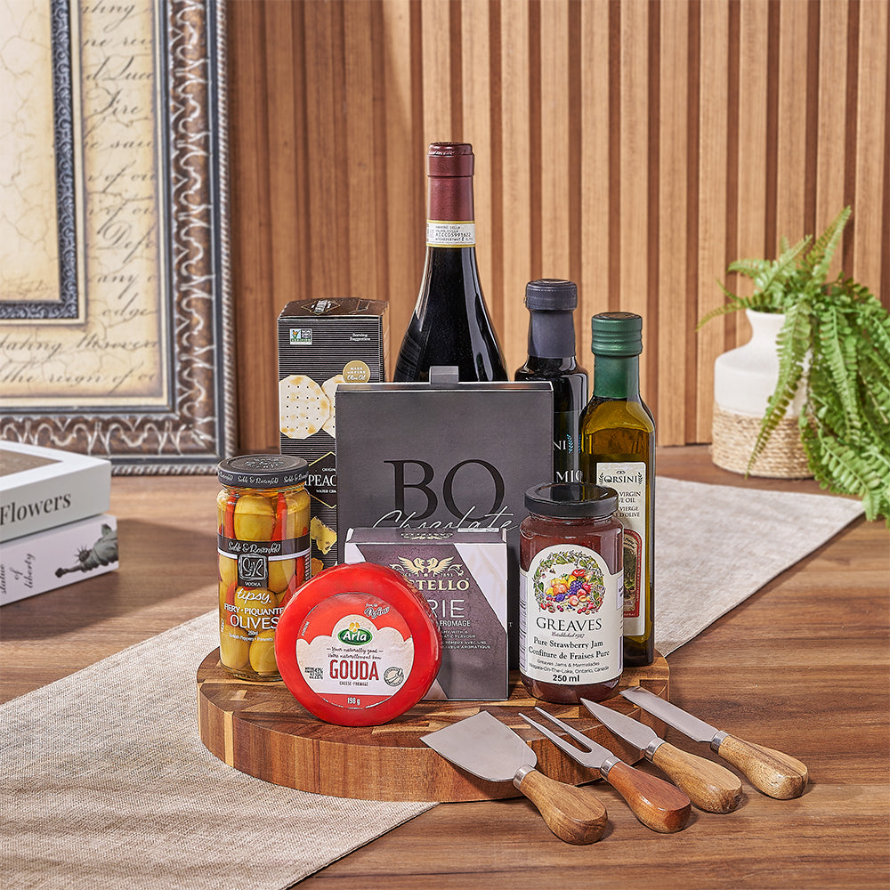 Wine Gift Basket with Brie, Gouda, Dark Chocolate Truffles & Cutting Board – how the gift is presented