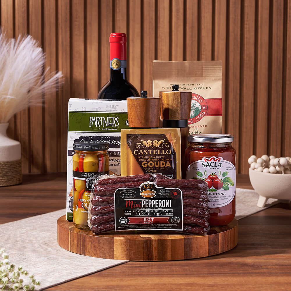 Gourmet Wine Gift Set with Pasta, Crackers, and Acacia Cutting Board – how the gift is presented
