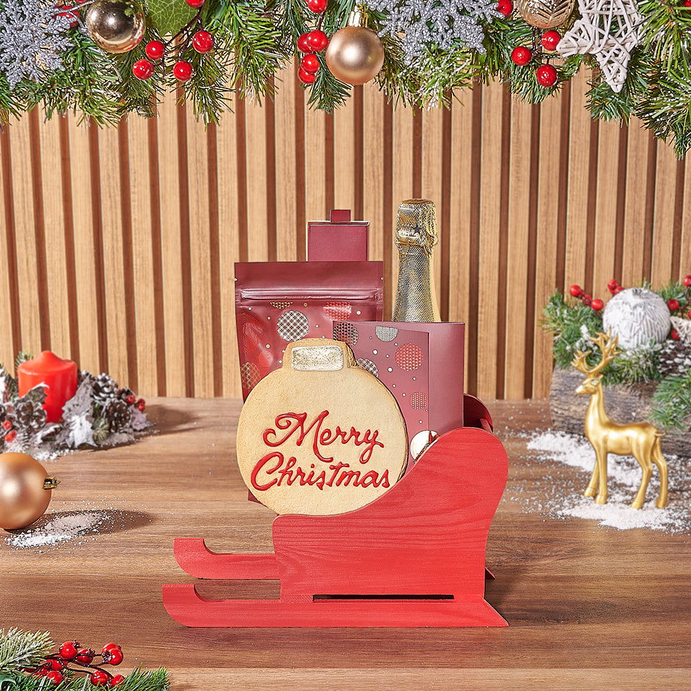 Holiday Sparkling Wine and Gourmet Chocolate Basket in Red Sled – how the gift is presented