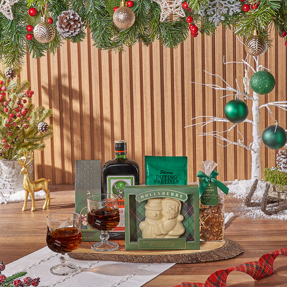 Festive Liquor Gift Basket with Vodka and Gourmet Treats – how the gift is presented