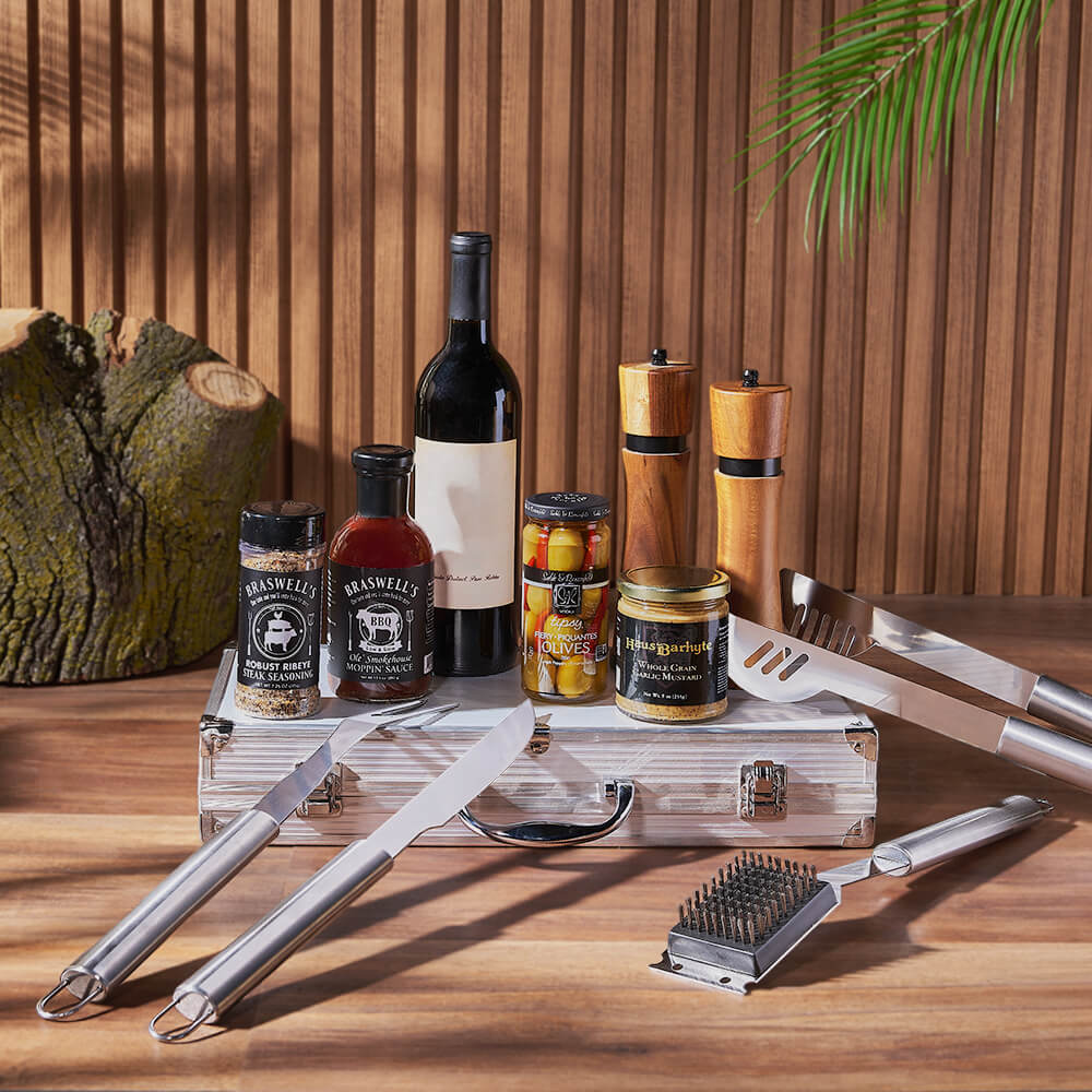 Complete BBQ Grill Gift Set with Wine and Matching Acacia Wood Mills – how the gift is presented
