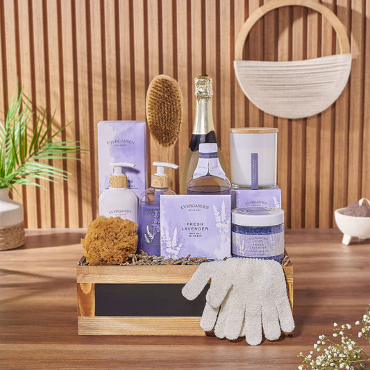 A soothing gift filled with comfort, the Deluxe Lavender & Champagne Spa Gift Set from Boston Baskets - Boston delivery 