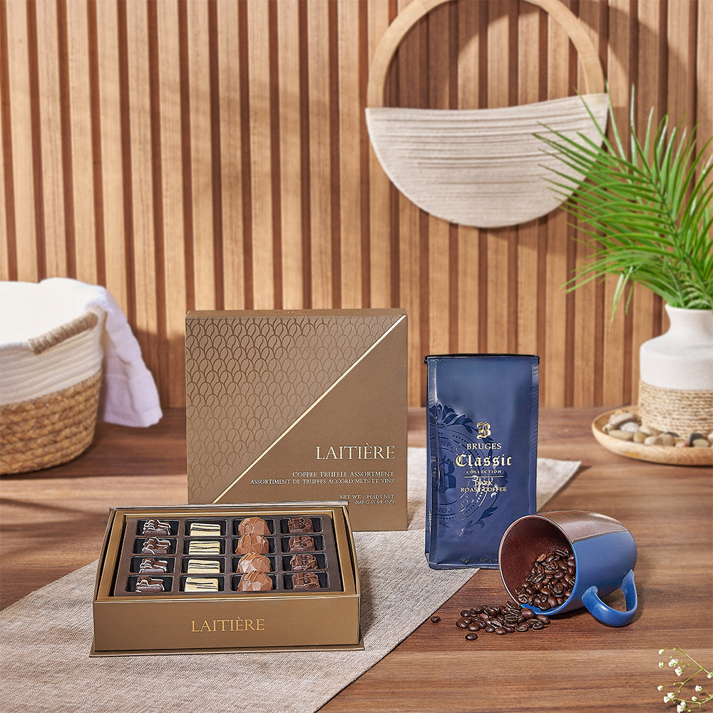 Classic Coffee and Chocolate Basket with Germaine Vertical Stripe Mug – how the gift is presented
