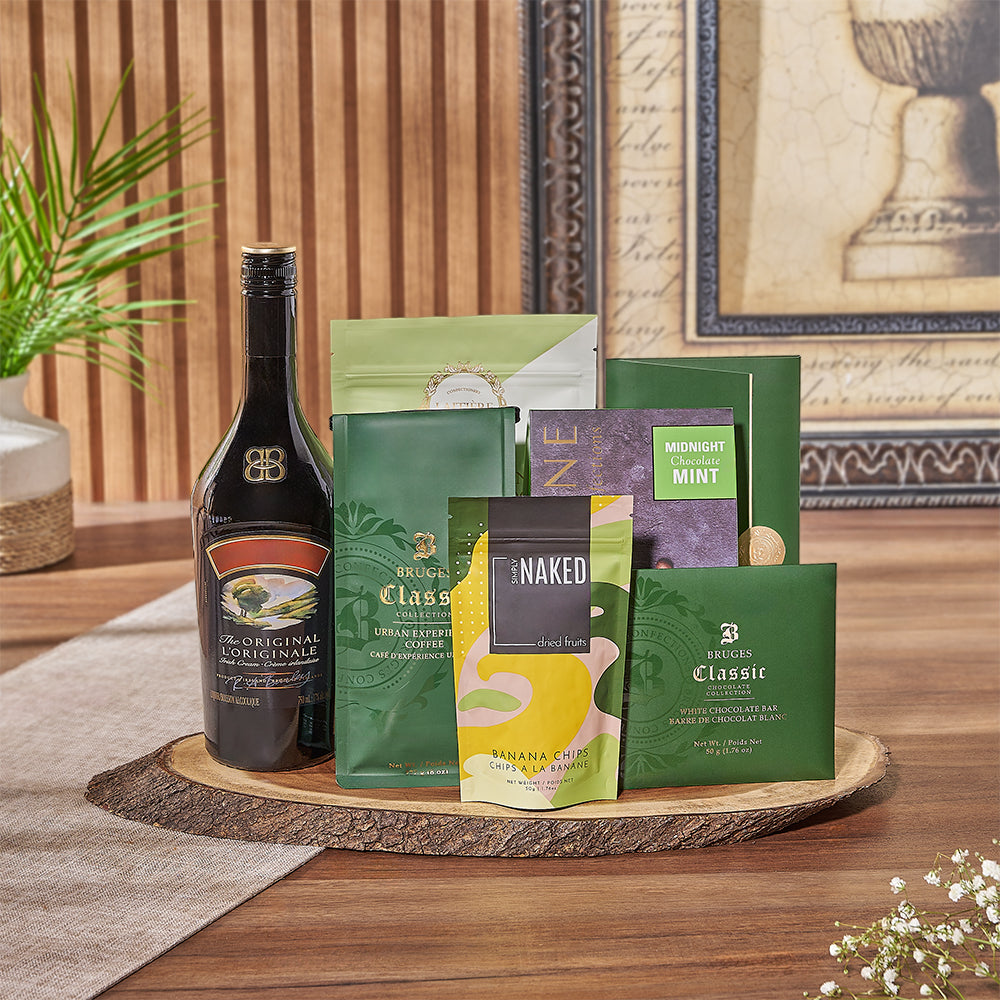 Premium Spirits Gift Basket Featuring Chocolate, Coffee, and Matcha Cookies – how the gift is presented