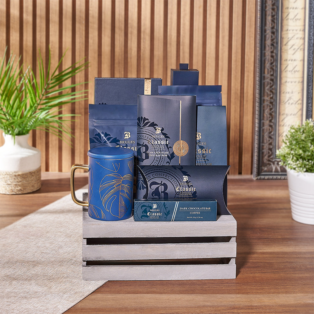 Deluxe Bruges Chocolate Assortment Gift Basket with Ceramic Mug – how the gift is presented