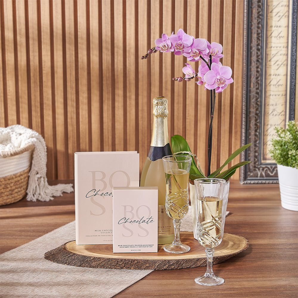 Phalaenopsis Orchid and Sparkling Wine Gift Basket for Housewarming – how the gift is presented